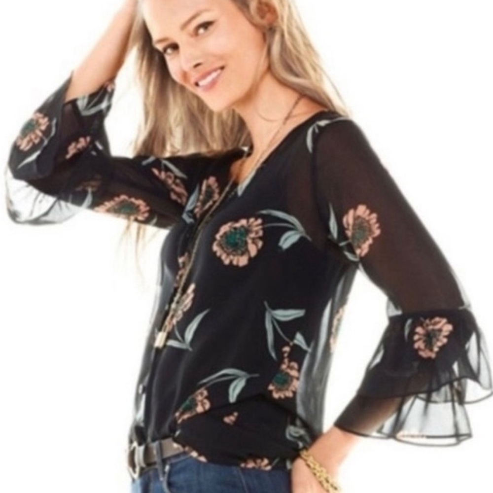 Cabi #5206 La Di Da Sheer Floral 3/4 Bell
Sleeve Button Front Blouse